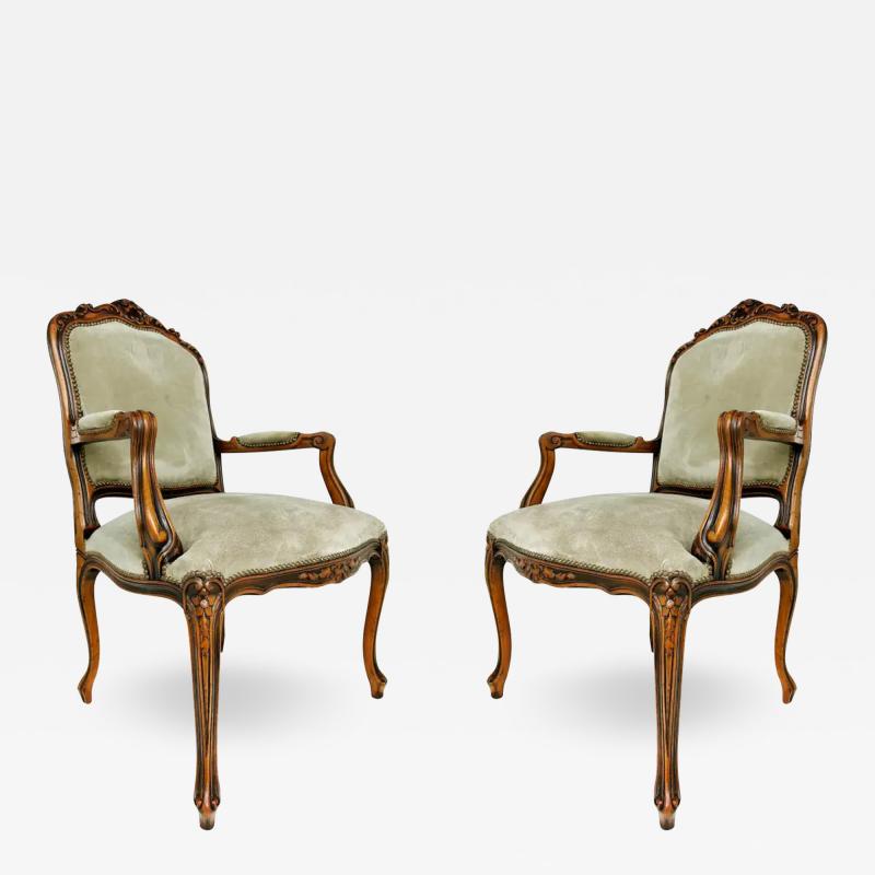  Chateau d Ax Italian Chateau dAx Carved Armchairs in Suede with Brass NailHeads Pair