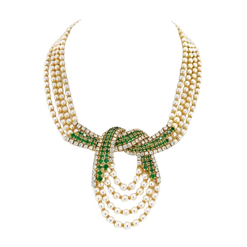  Chaumet 18K YELLOW GOLD 10CTTW DIAMOND EMERALD AND PEARL MULTISTRAND NECKLACE