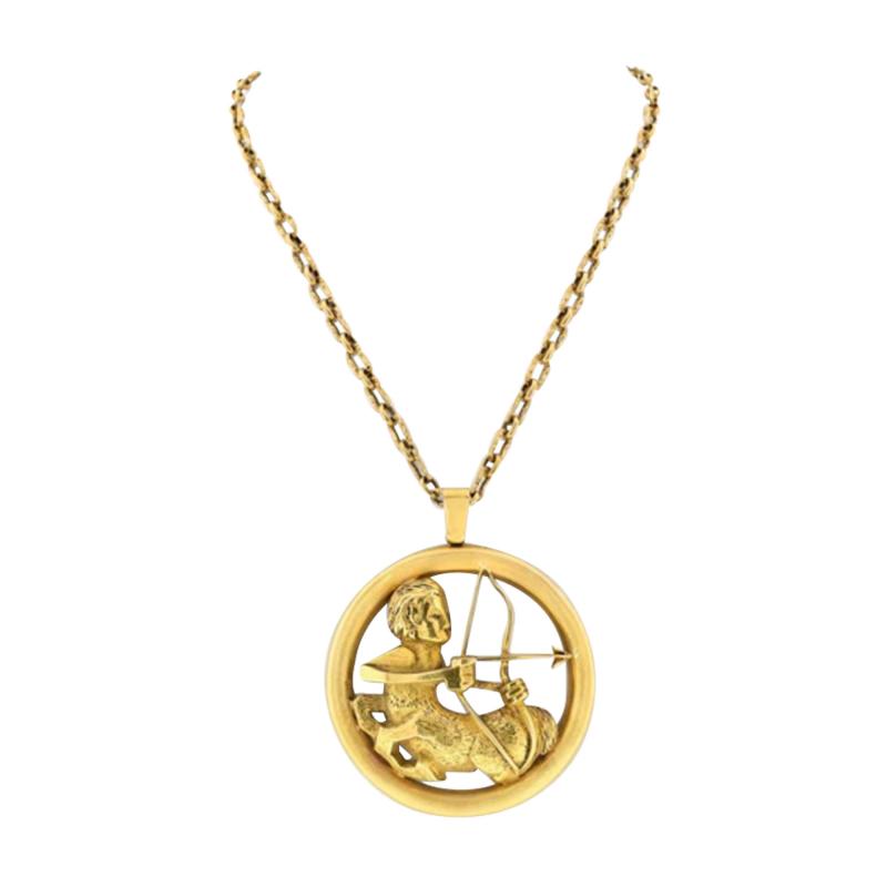  Chaumet 18K YELLOW GOLD SAGITTARIUS ZODIAC OVERSIZED ROUND PENDANT ON A CHAIN NECKLACE