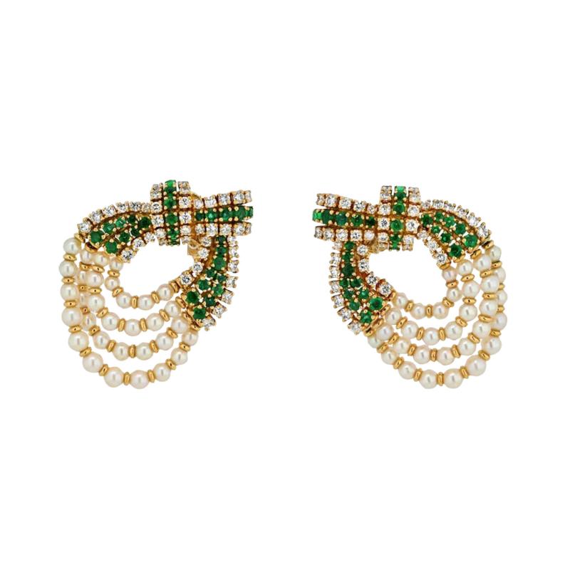  Chaumet PLATINUM 18K YELLOW GOLD DIAMOND PEARL AND GREEN EMERALD CLIP EARRINGS