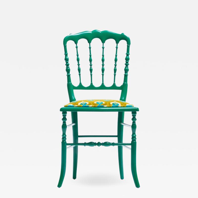  Chiavari Green Lacquered Chiavari Side Chair with Peacock Feathers in Cut Velvet