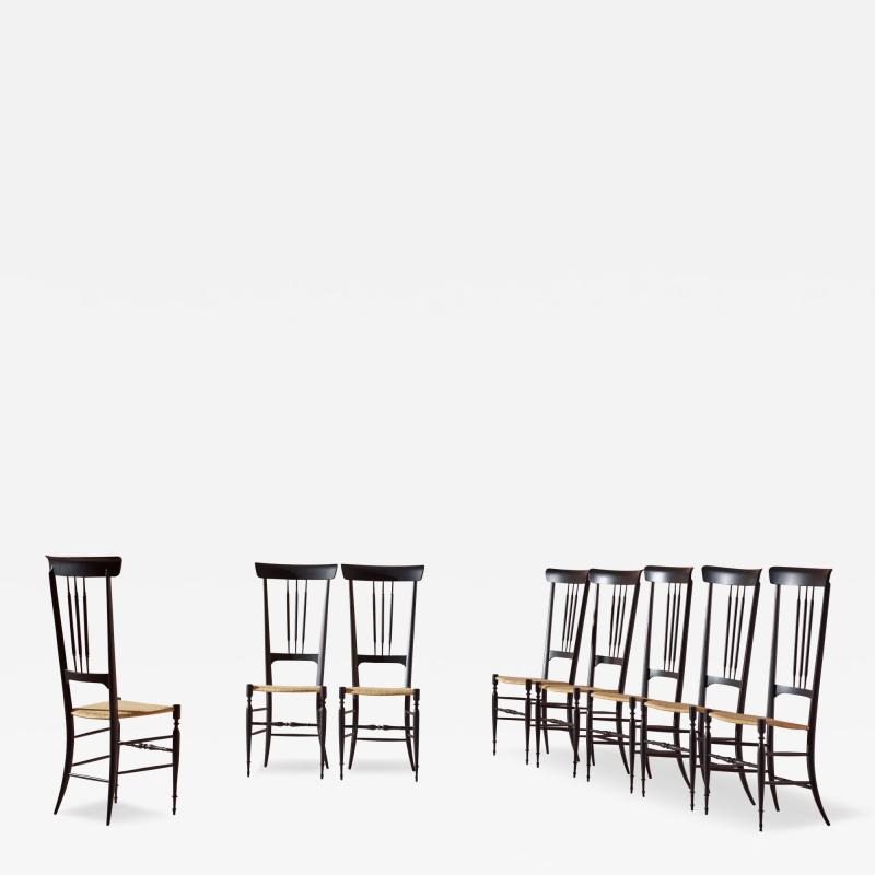  Chiavari Set of 8 black stained beechwood Chiavari chairs model Tre Fusi Italy 1950s