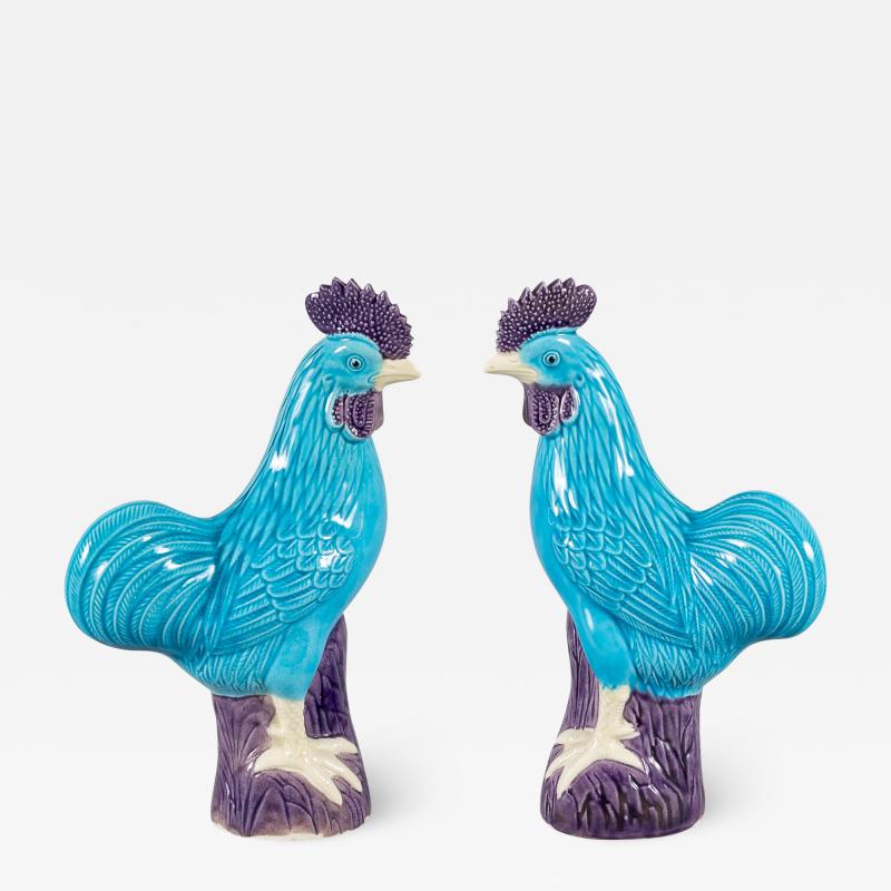  Chinese Porcelain Chinese Export Porcelain Turquoise and Purple Roosters A Pair