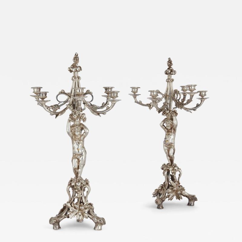  Christofle Pair of six light silvered bronze candelabra attributed to Christofle
