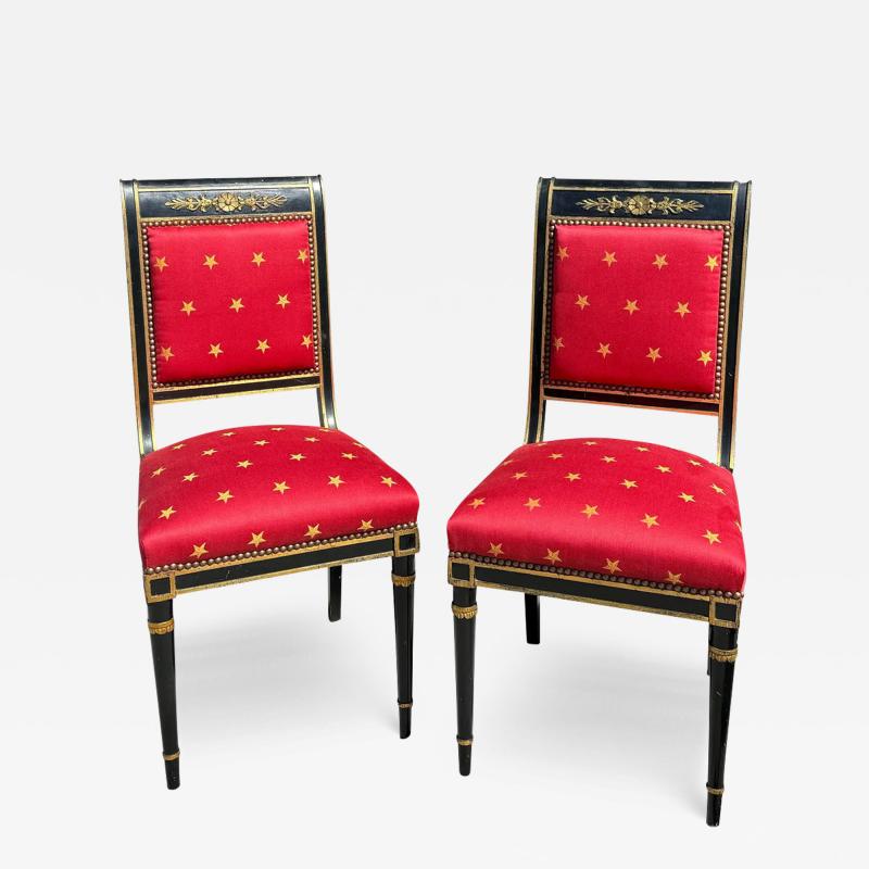  Clarence House Pair of Antique Empire Black Gold Chairs W Red Clarence House Seats