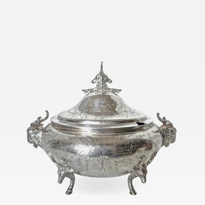  Clive Devenish Antiques Silver Plated Covered Tureen with Deer Ram Motif Circa 1885 Meriden 