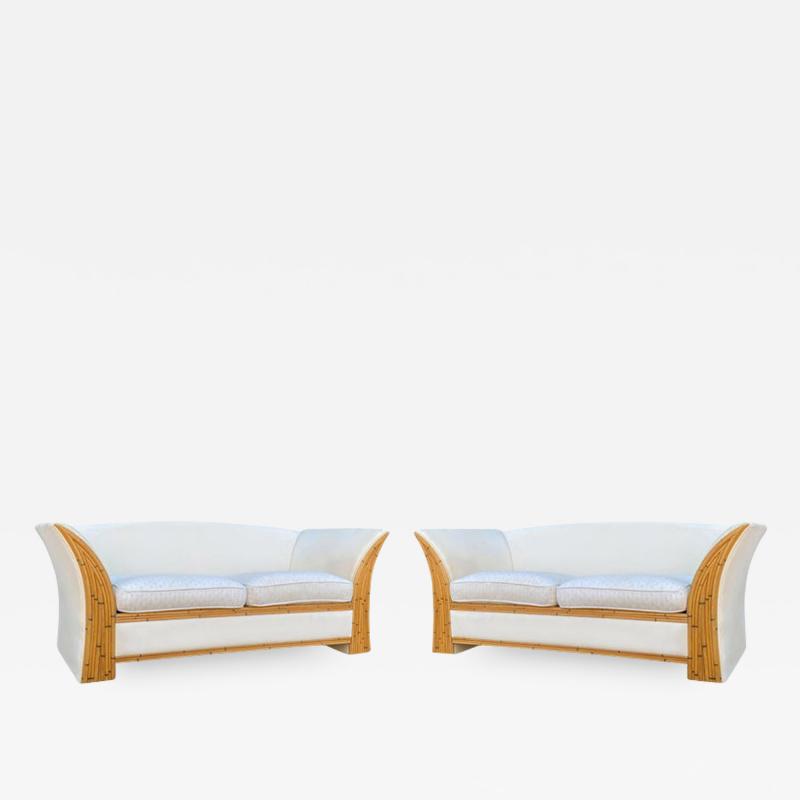  Comfort Design Matching Pair of Mid Century Modern Bamboo Reed White Sofas or Loveseats