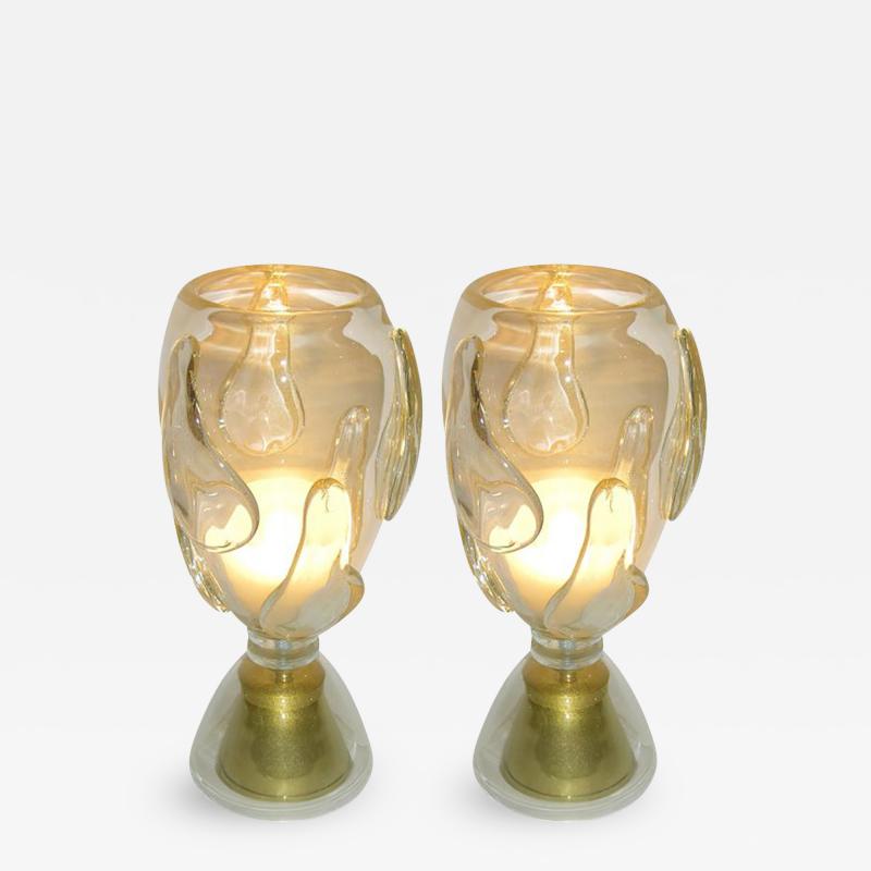  Constantini Constantini 1980s Italian Pair of Modern Brass and Gold Murano Glass Lamps