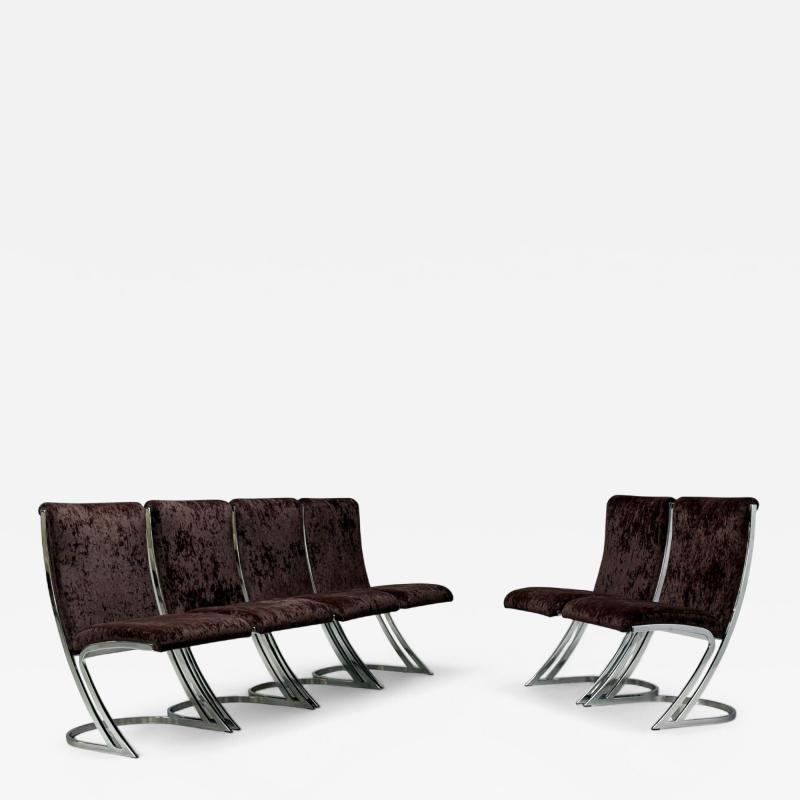  Contemporary Shells Pierre Cardin Chromed Metal Velvet Six Dining Chairs USA 1970s