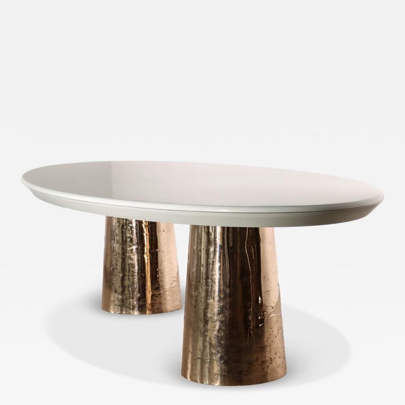  Costantini Design Cast Bronze Lacquered Twin Pedestal Oval Dining Table with Quartz Top Benino