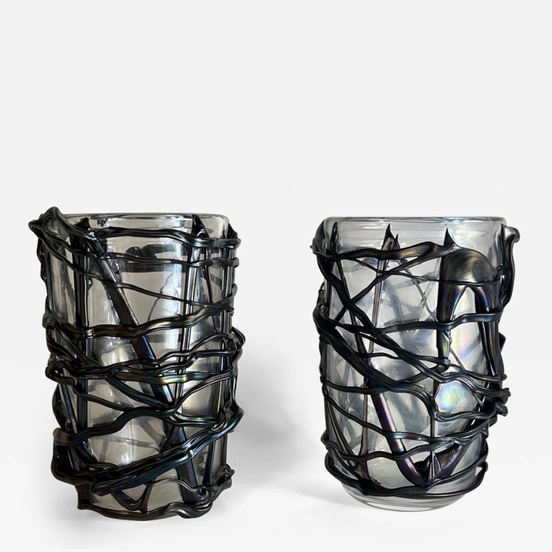  Costantini Murano Late 20th Century Pair of Iridescent Murano Glass w Black Applications Vases