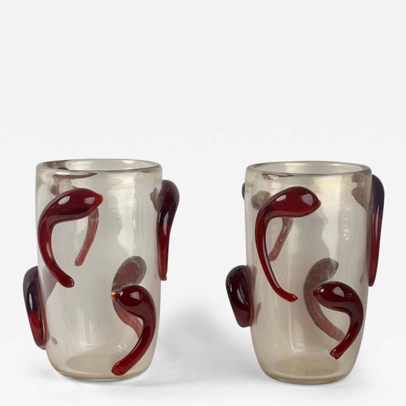  Costantini Murano Late 20th Century Pair of Transparent Murano Art Glass w Red Applications Vases