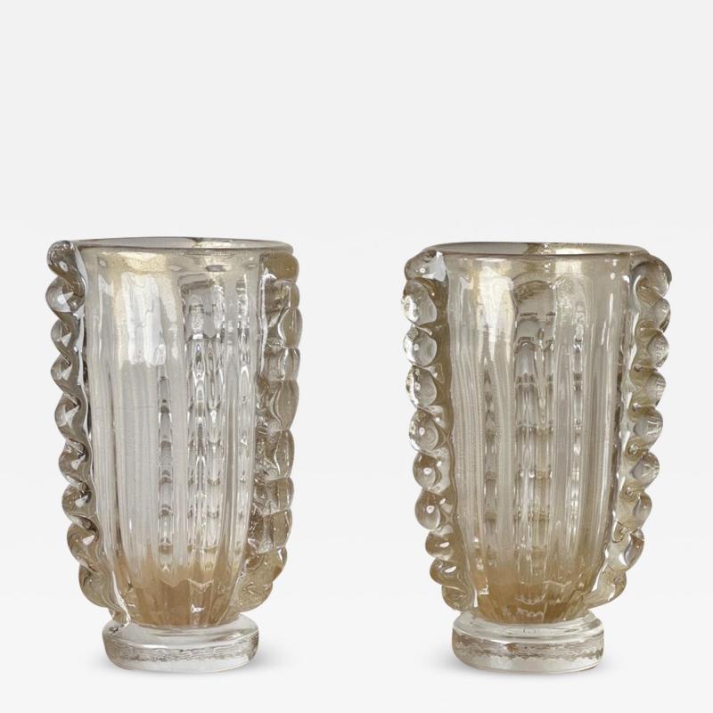  Costantini Murano Late 20th Century Pair of Transparent w Gold Glittering Murano Art Glass Vases