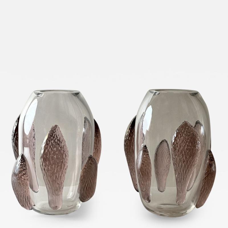  Costantini Murano Late 20th Century Pair of Transparent w Pink Murano Art Glass Applications Vases