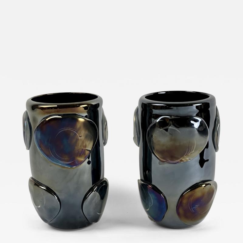  Costantini Murano Pair of Vintage Black Iridescent Murano Art Glass Vases by Costantini