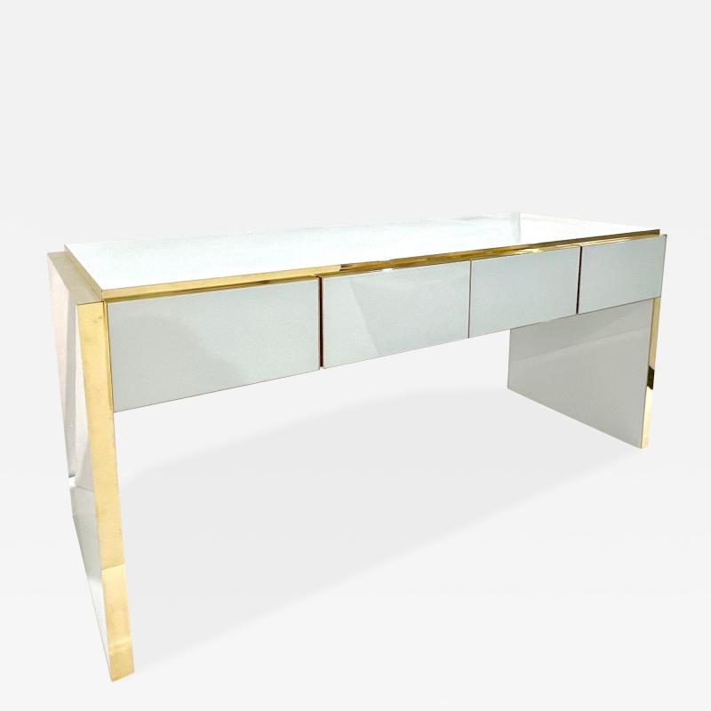  Cosulich Interiors Antiques Bespoke Italian Art Deco Design 4 Drawer White Brass Walnut Console Table Desk