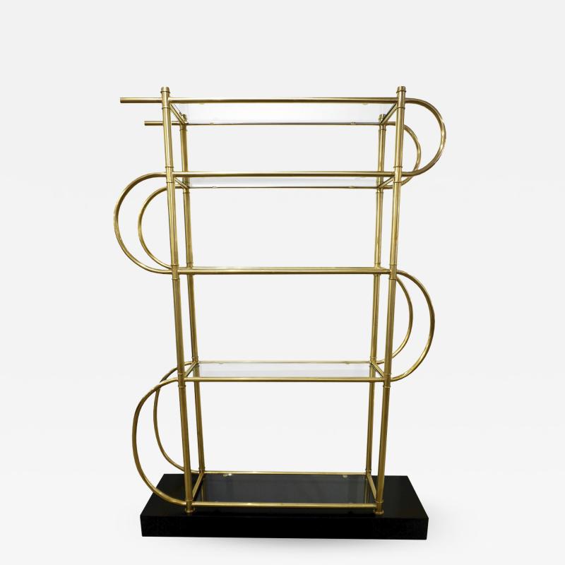  Cosulich Interiors Antiques Italian Modern Gold Brass Tubular Shelving Unit tag re on Black Lacquered Base