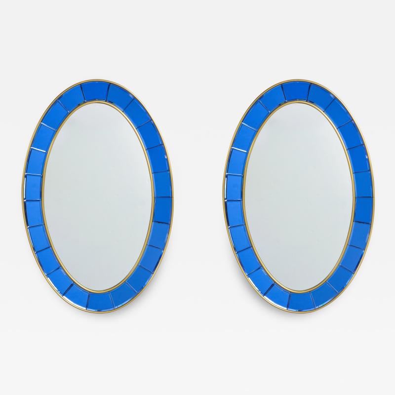  Cristal Art Rare Pair of Oval Blue Hand Cut Beveled Glass Mirror by Cristal Art