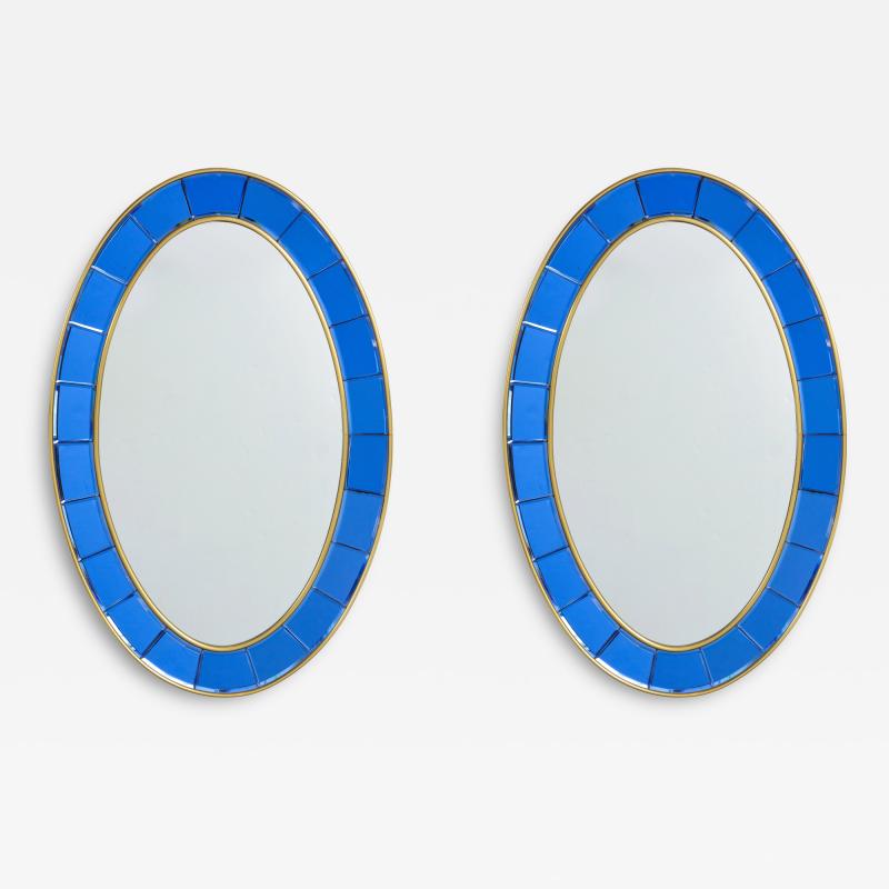  Cristal Art Rare Pair of Oval Blue Hand Cut Beveled Glass Mirrors by Cristal Art