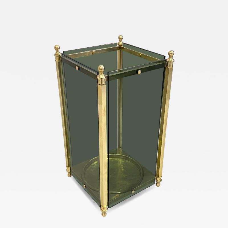  Cristal Arte Italian Modern Neoclassical Brass Green Glass Umbrella Stand by Fontana Arte