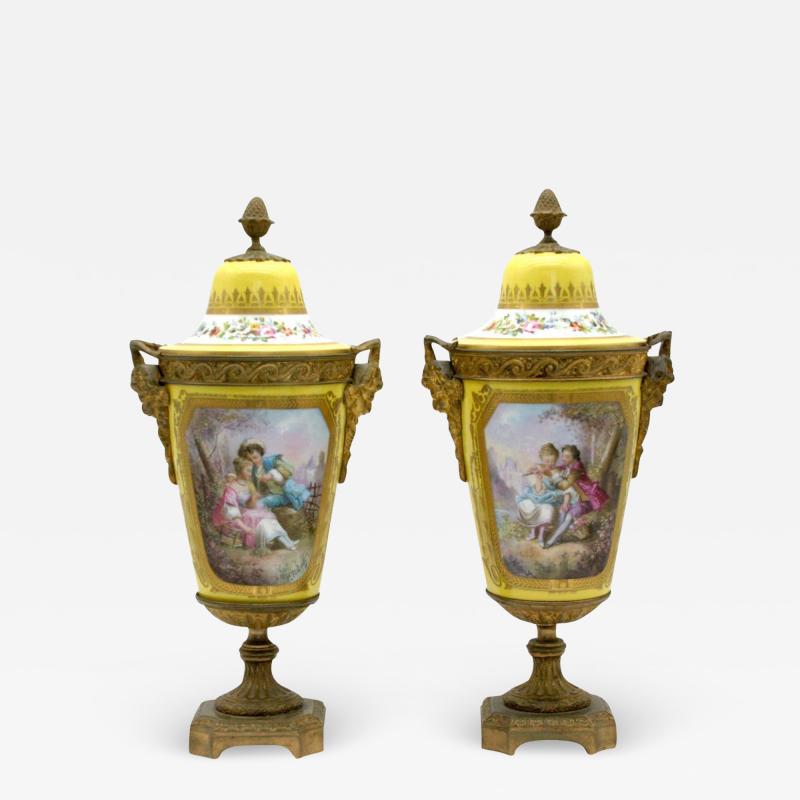  Cristalleries De Sevres Bronze Mounted Porcelain Pair Covered Urns