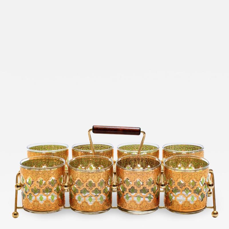  Culver Ltd 22 Karat Gold Moroccan Themed Rocks Glasses with Carrying Tray circa 1965