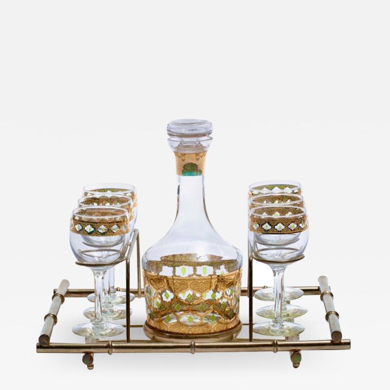  Culver Ltd Mid Century Modern 22 Karat Gold Moroccan Decanter and Wine Glasses Set