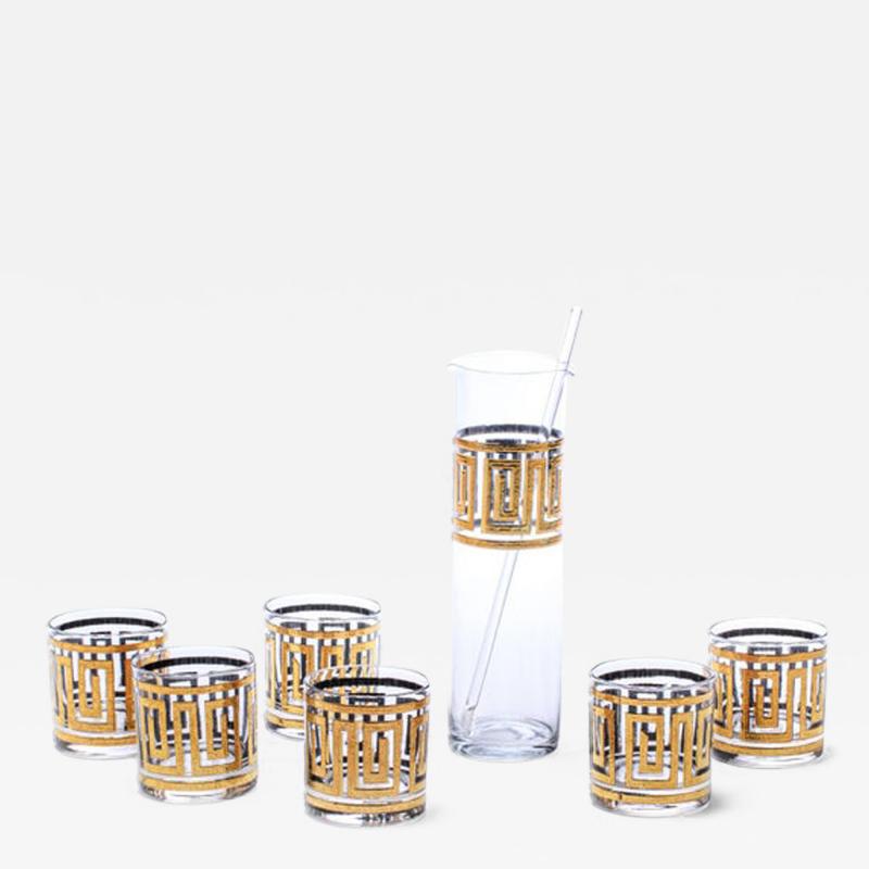  Culver Ltd Mid Century Modern Greek Key 22K Gold Cocktail Mixer and Set of 6 Rocks Glasses