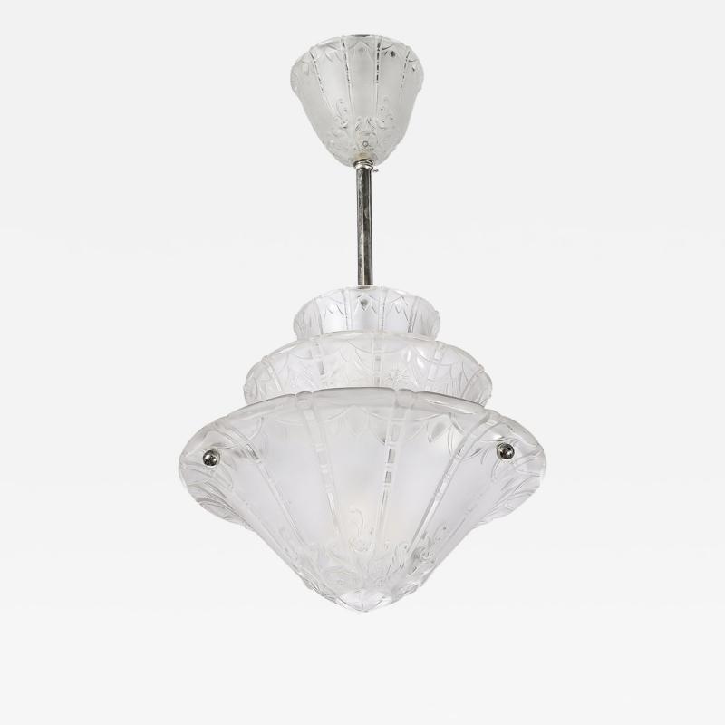  Daum Daum Nancy Art Deco Molded Frosted Glass Pendant Relief Detailed Chandelier signed Daum