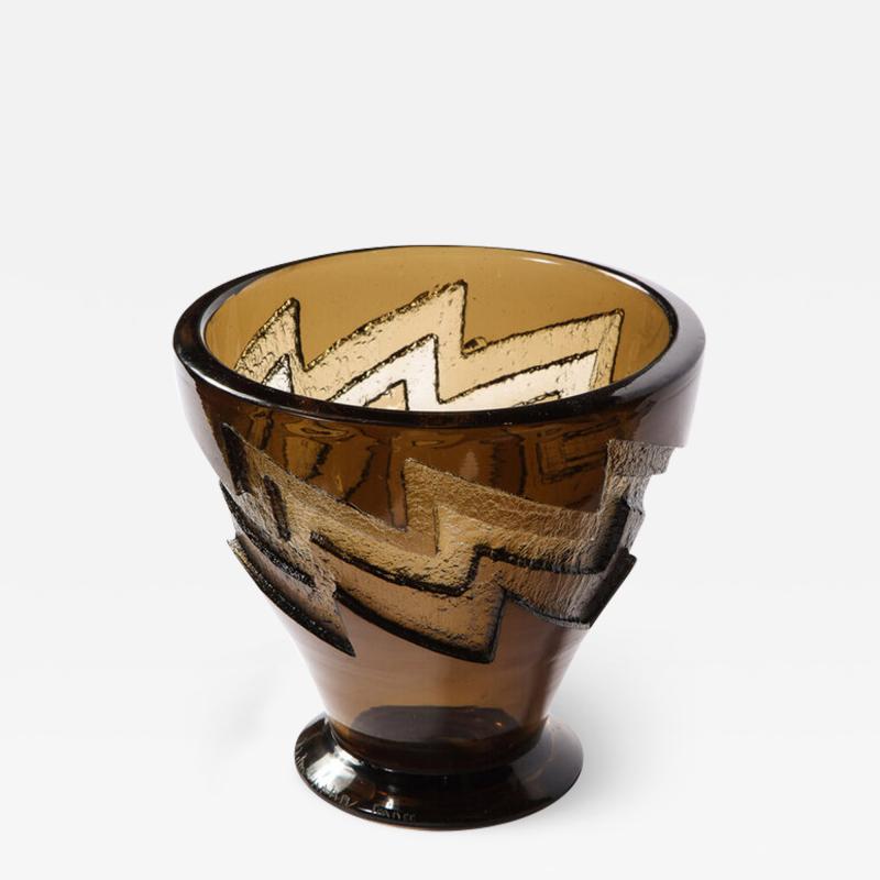  Daum Daum Nancy Art Deco Smoked Acid Etched Glass Vase with Zig Zag Motif Signed Daum Nancy
