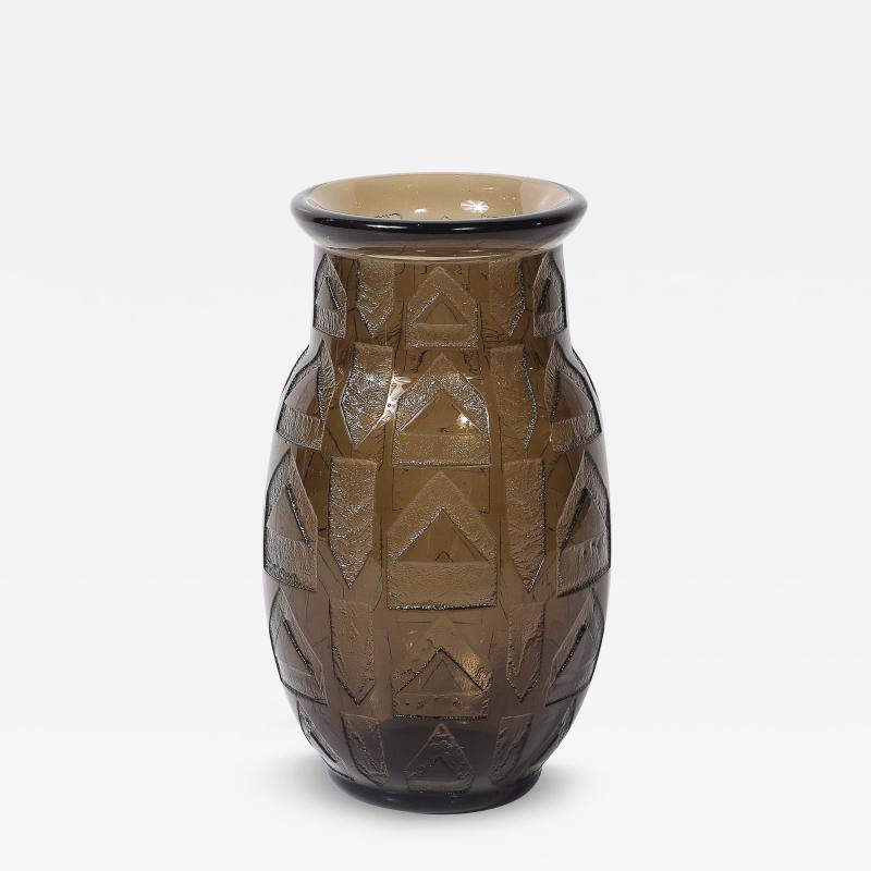  Daum Daum Nancy Art Deco signed Daum Acid Etched Smoked Glass Vase w Geometric Motif