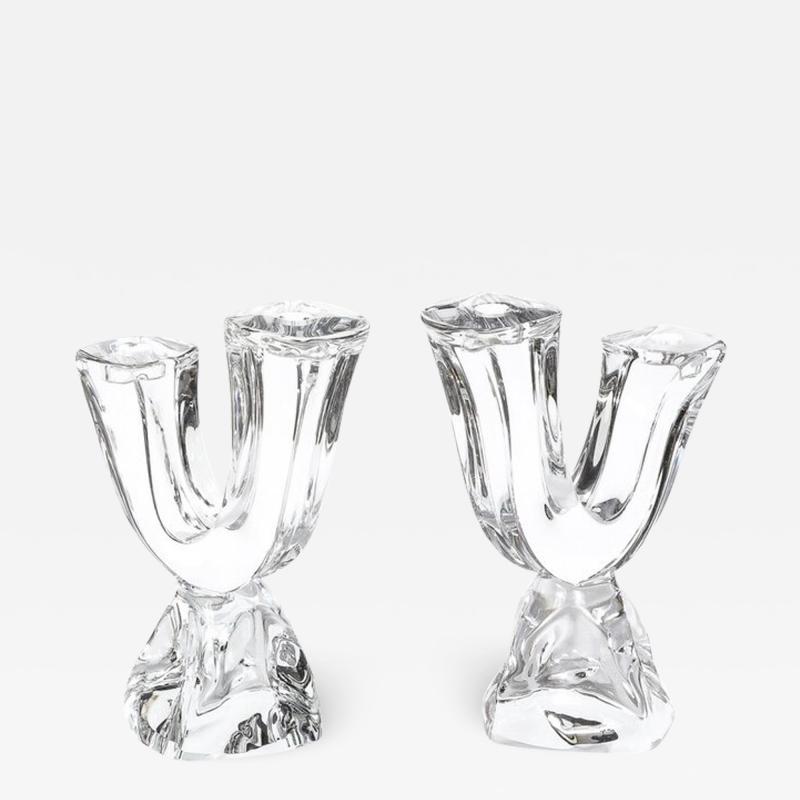  Daum Daum Nancy Pair of Mid Century Modernist Sculptural Crystal Candelabras signed Daum