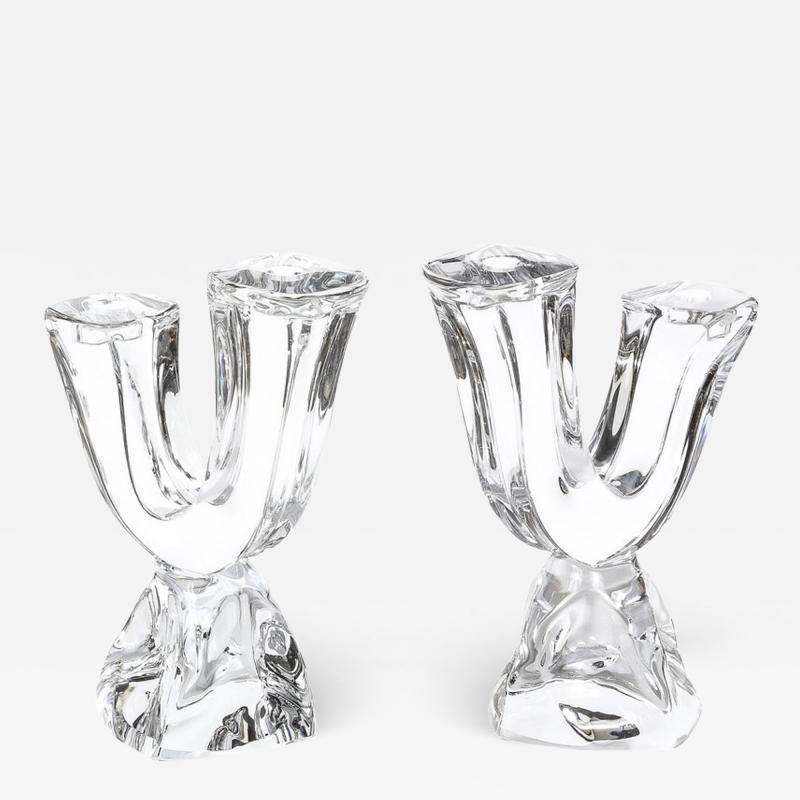 Daum Daum Nancy Pair of Mid Century Modernist Sculptural Crystal Candelabras signed Daum