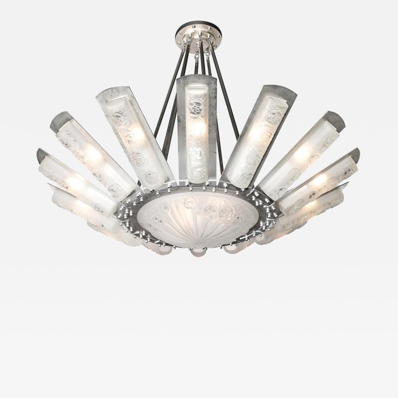  Degu Art Deco Geometric Frosted Glass Nickeled Starburst Chandelier signed Degu 