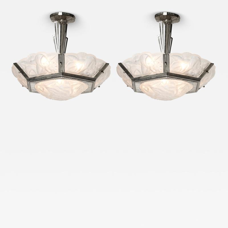  Degu Pair of Art Deco Hexagonal Frosted Glass Nickeled Bronze Chandeliers by Degue