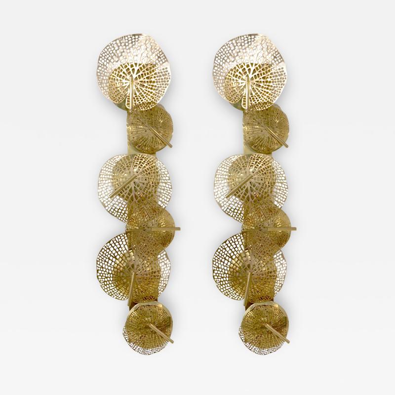  Delta Contemporary Organic Italian Art Design Pair of Perforated Brass Leaf Sconces