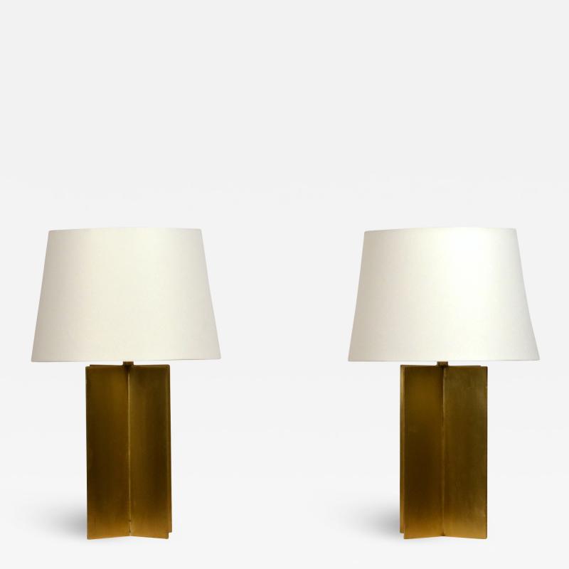  Design Fr res Pair of Chic Polished Brass and Parchment Paper Table Lamps