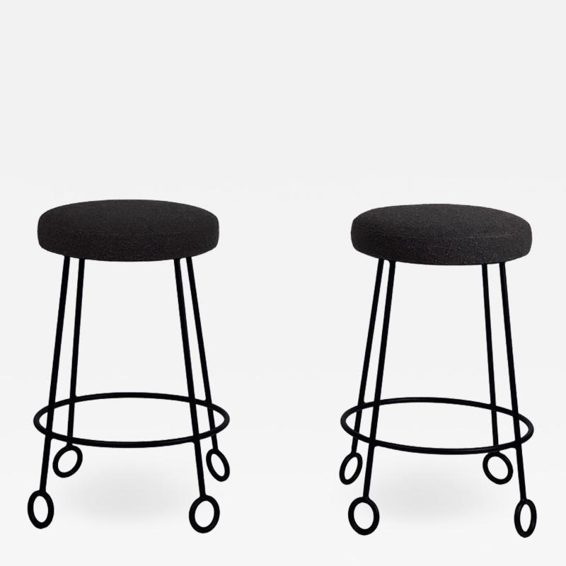  Design Fr res Pair of Chic Wrought Iron and Boucle Counter Stools