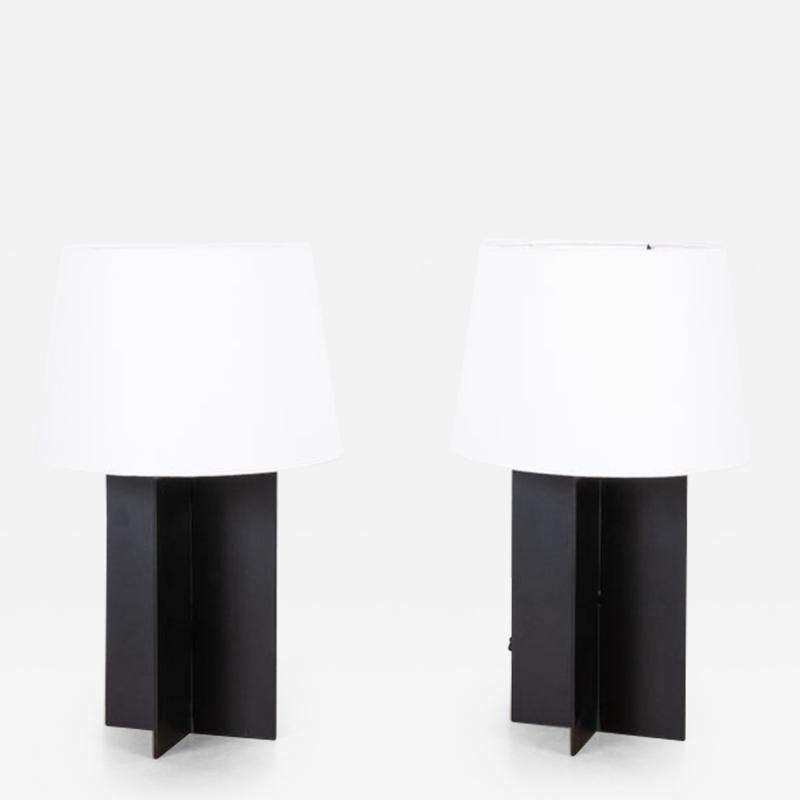  Design Fr res Pair of Croisillon Blackened Steel Lamps and Parchment Shades by Design Fr res
