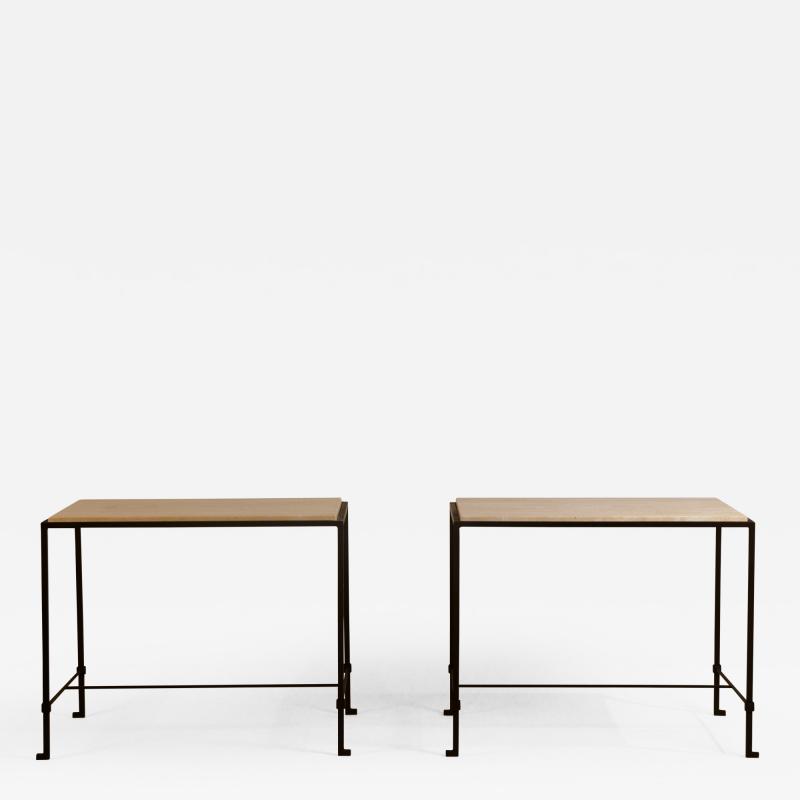  Design Fr res Pair of Diagramme Wrought Iron and Travertine Side Tables by Design Fr res