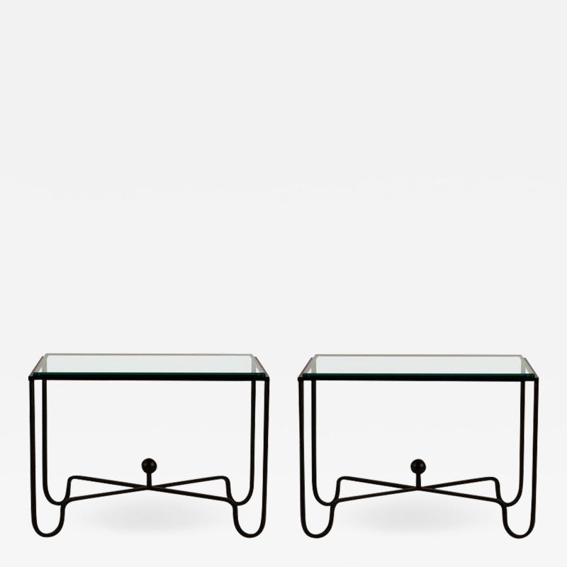  Design Fr res Pair of Entretoise Matte Black and Thick Glass End Tables by Design Fr res