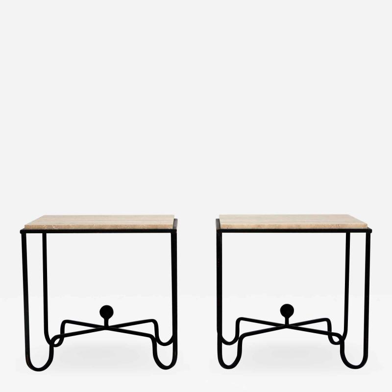  Design Fr res Pair of Entretoise Wrought Iron and Travertine Tables