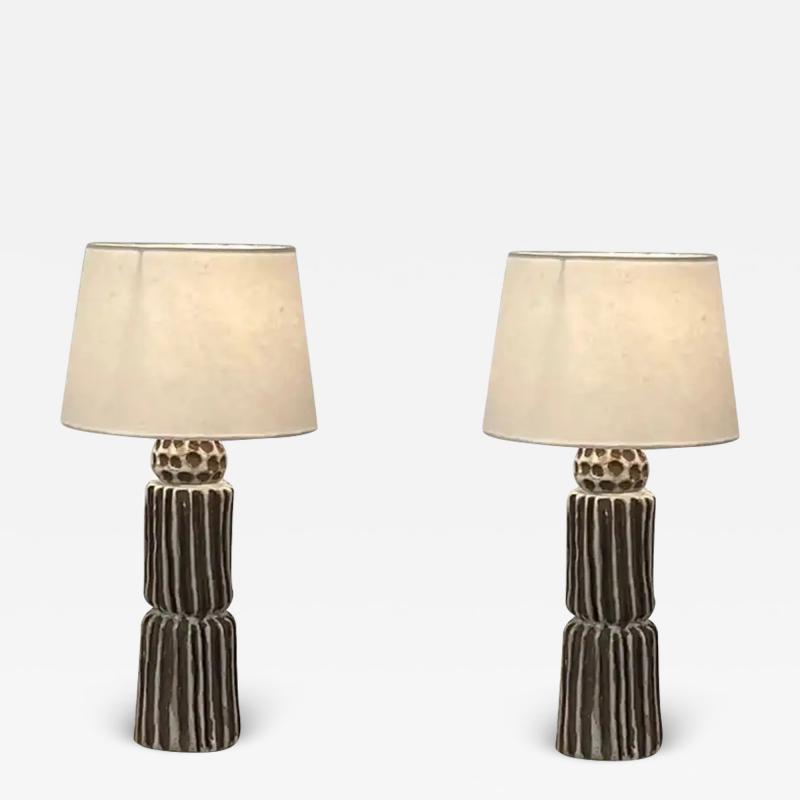  Design Fr res Pair of Large Sillons Pottery Lamps with Parchment Shades by Design Fr res