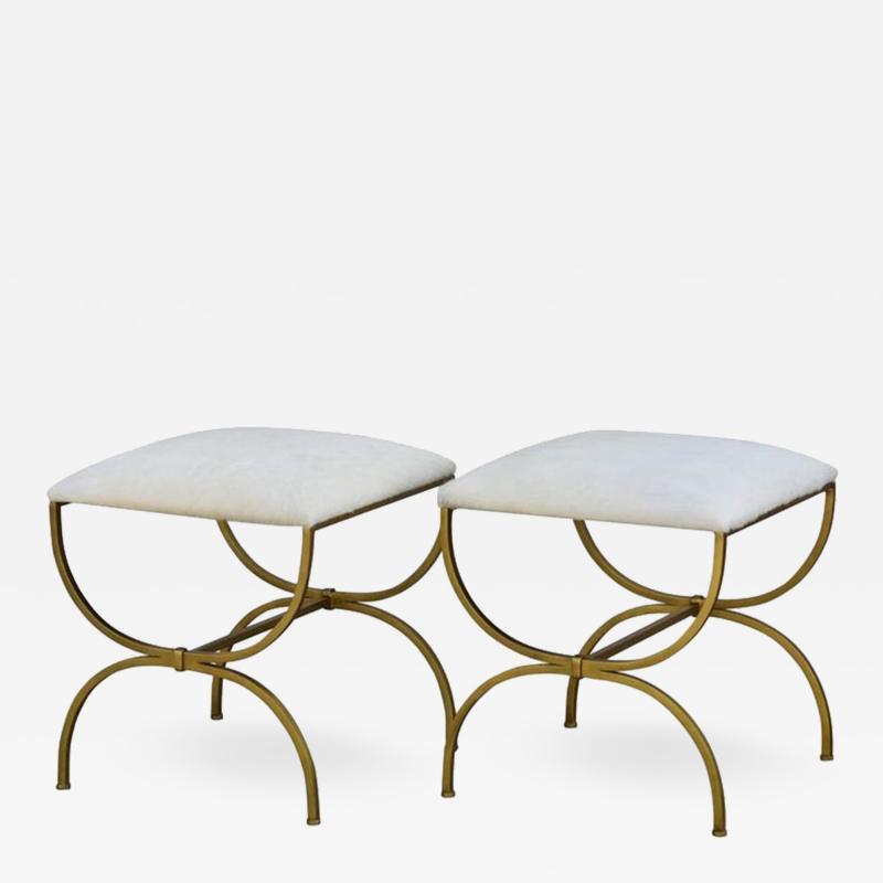  Design Fr res Pair of Strapontin Gilt Iron and Hide Stools