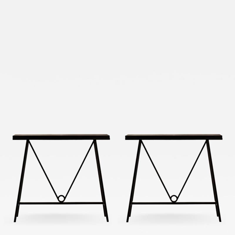  Design Fr res Pair of Trap ze Blackened Steel and Goatskin Consoles by Design Fr res