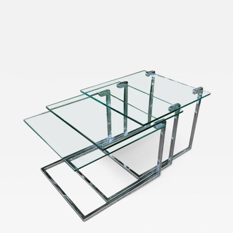  Design Institute America DIA Set of Three Glass Chromed Steel Nesting Tables By Design Institute America