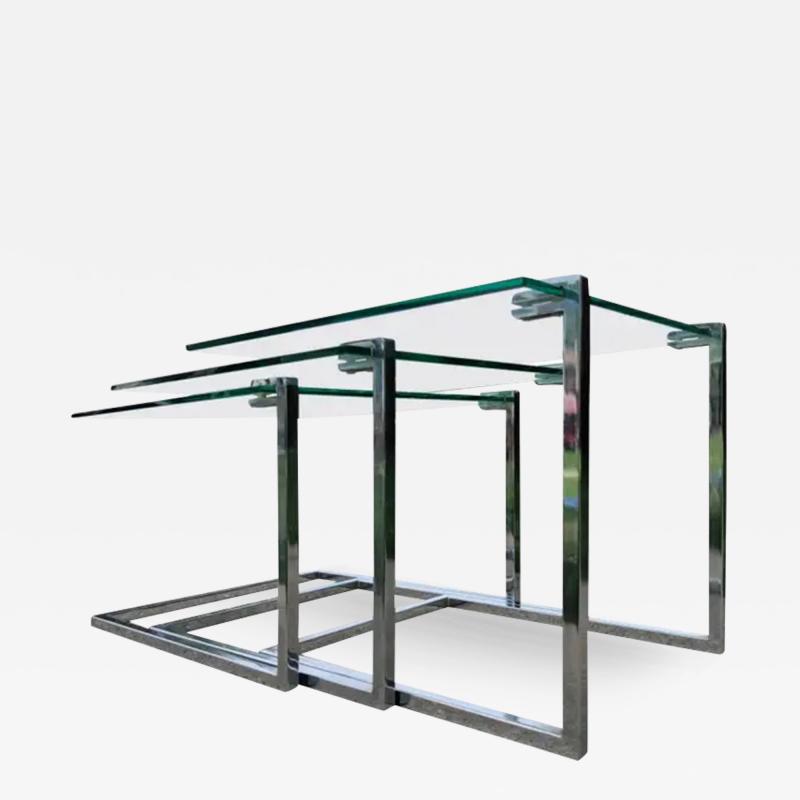  Design Institute America DIA Set of Three Glass Chromed Steel Nesting Tables By Design Institute America