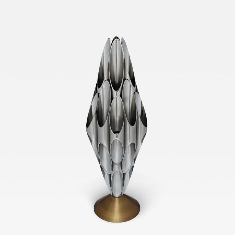  Design Line Mid Century Modern Tubular Table Sculpture Lamp in Brass White After Rougier