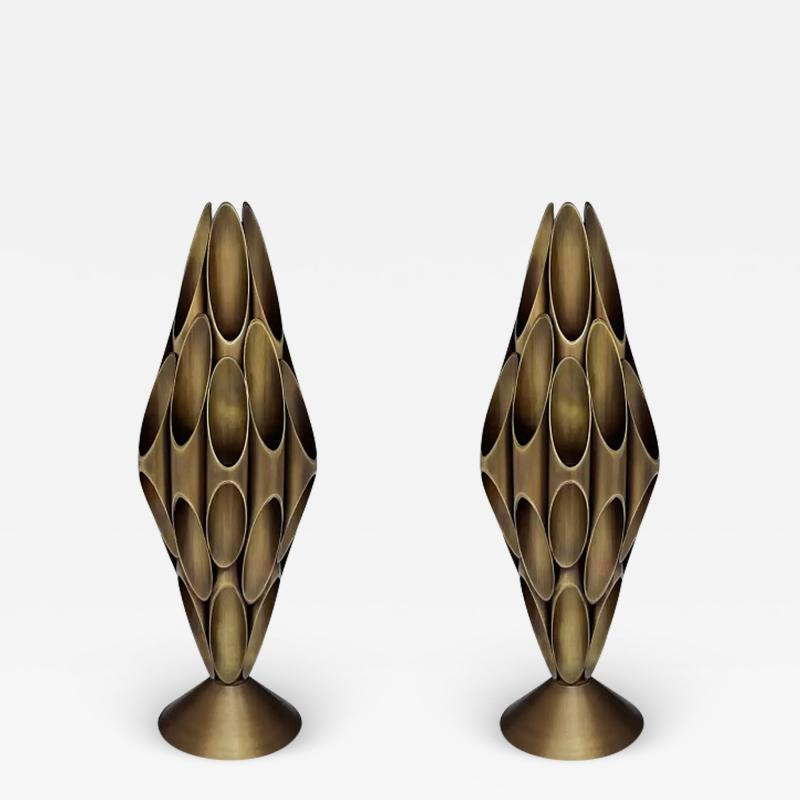  Design Line Pair of Hollywood Regency Table Accent Lamps Patinated Brass after Mastercraft