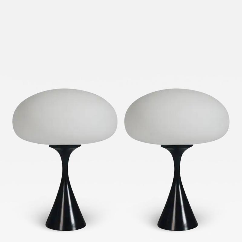  Design Line Pair of Mid Century Modern Table Lamps by Designline in Black White Glass